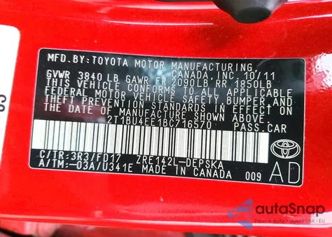 2011 Toyota Corolla Base from USA, damaged, VIN 2T1BU4EE1BC716570